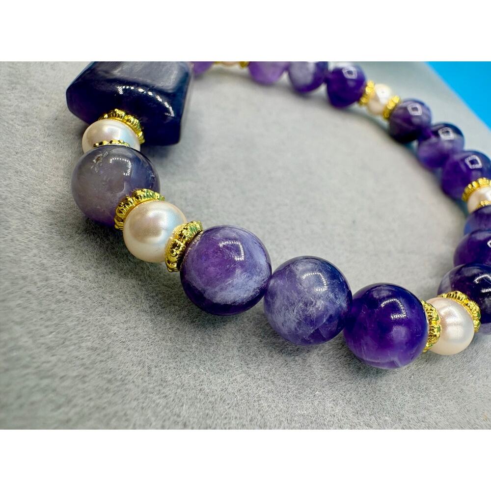 Natural Amethyst & Pearl Beaded Bracelet– w/ Certificate - Picture 3 of 8